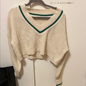 V-Neck Cream Sweater with Green Accents
